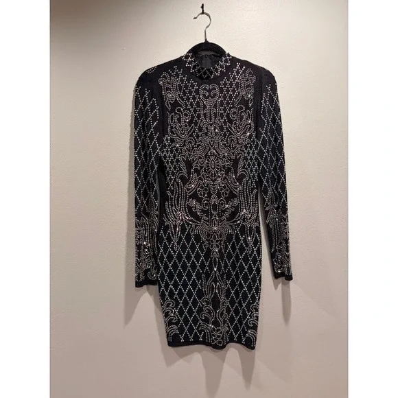 NWOT Rhinestone Mock Neck Long Sleeve Micromeshi Bodycon Dress - Picture 1 of 6